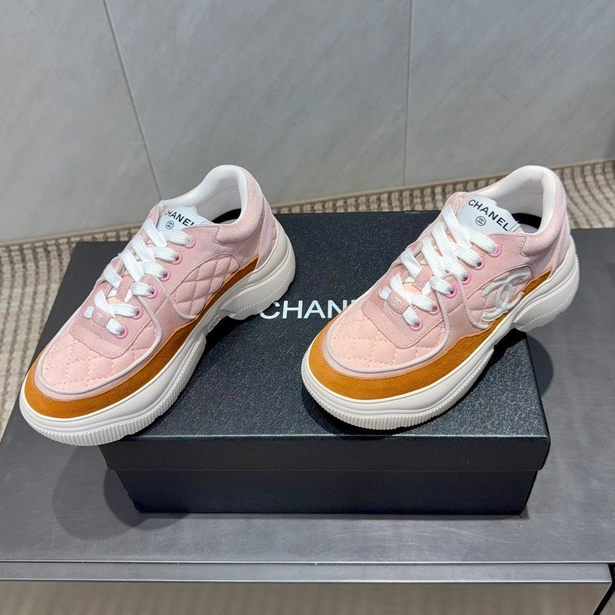 Chanel 25 Sneaker Pink Brown White Suede Cowhide 540338
