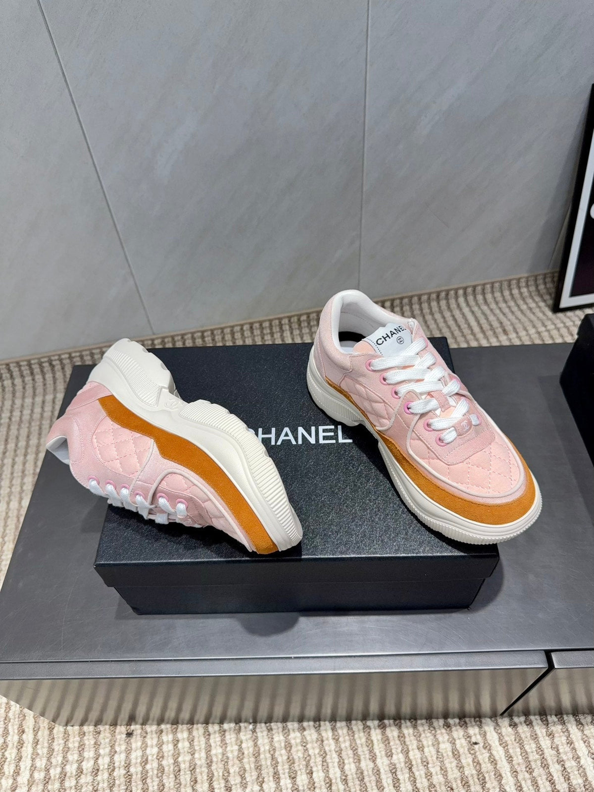 Chanel 25 Sneaker Pink Brown White Suede Cowhide 540338