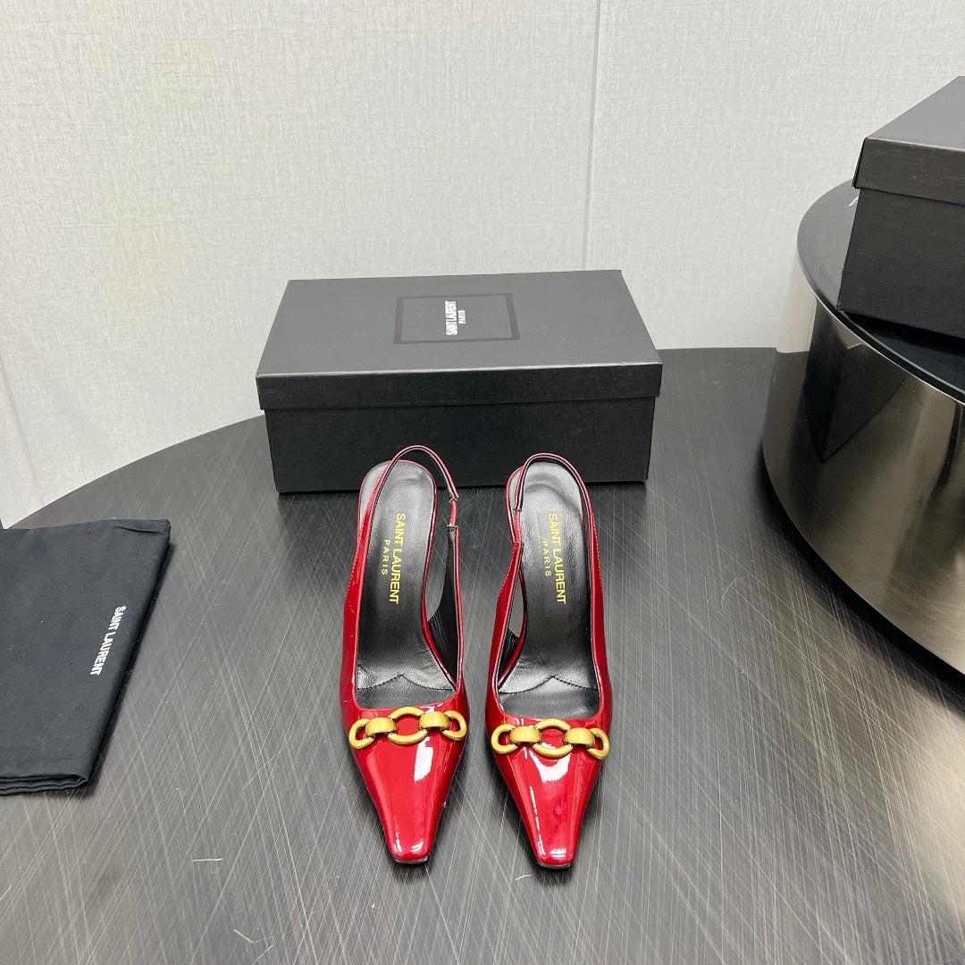 GOLD CHAIN ATTACHED HIGH SLINGBACK IN RED GLOSSY CALFSKIN