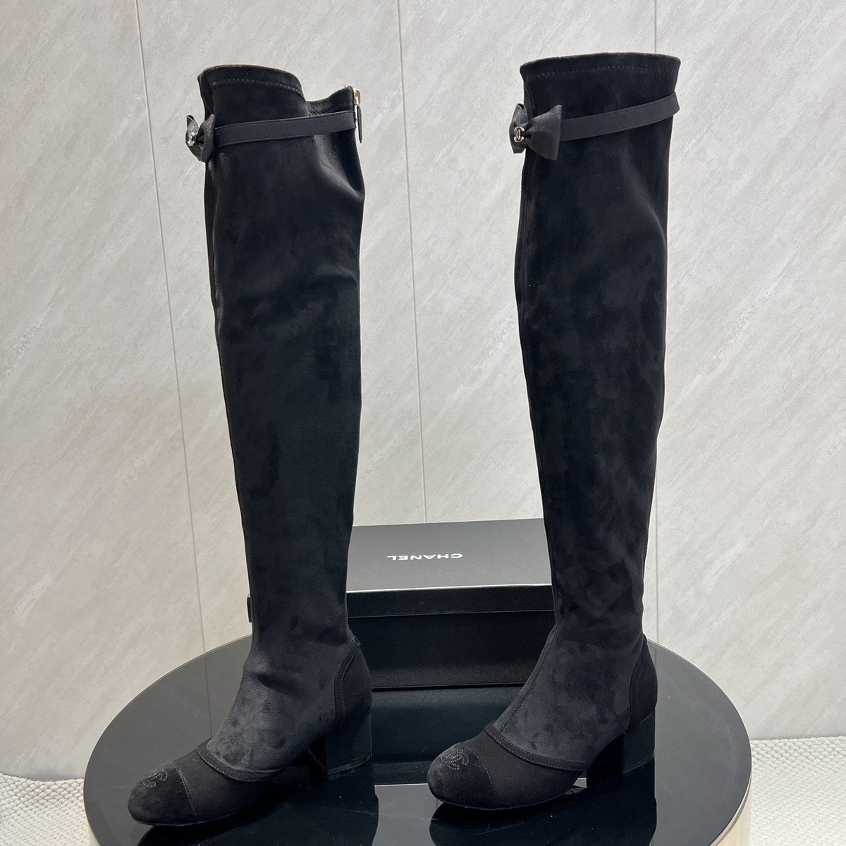 CC 25 Bowknot Stretch Boots Black Velvet Sheepskin 516421
