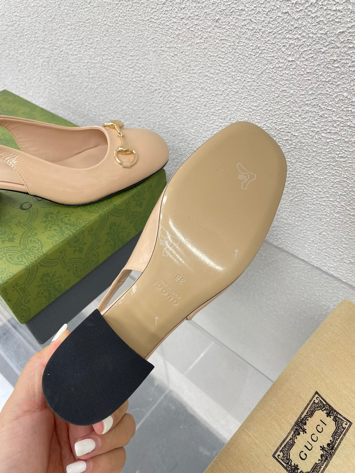 GG WOMEN'S HORSEBIT SLINGBACK IN TAN BEIGE CALFSKIN WITH RHINSTONES