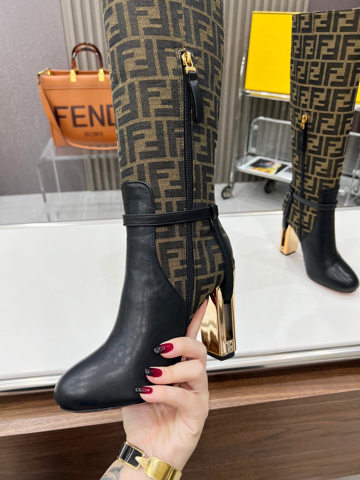 FENDI knee boots high heel monogram black cowhide 521216