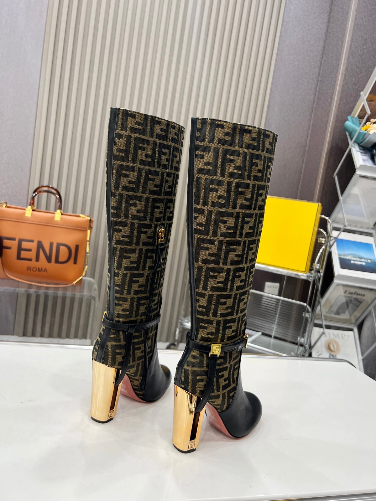 FENDI knee boots high heel monogram black cowhide 521216