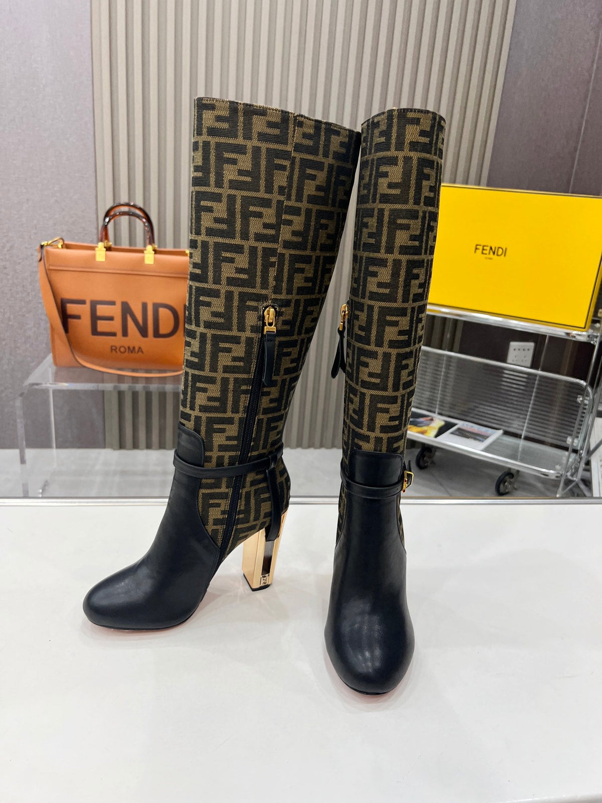 FENDI knee boots high heel monogram black cowhide 521216