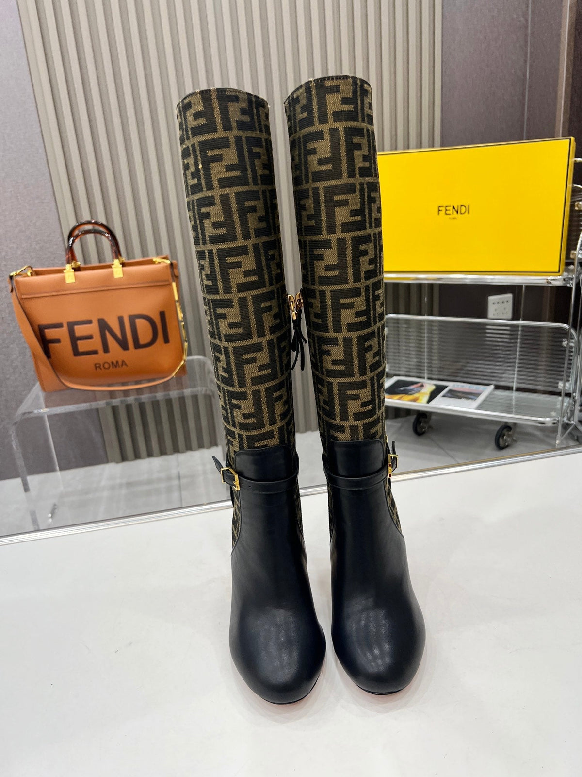 FENDI knee boots high heel monogram black cowhide 521216