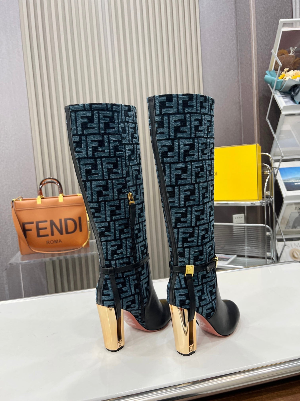 FENDI knee boots high heel monogram blue black cowhide 521217
