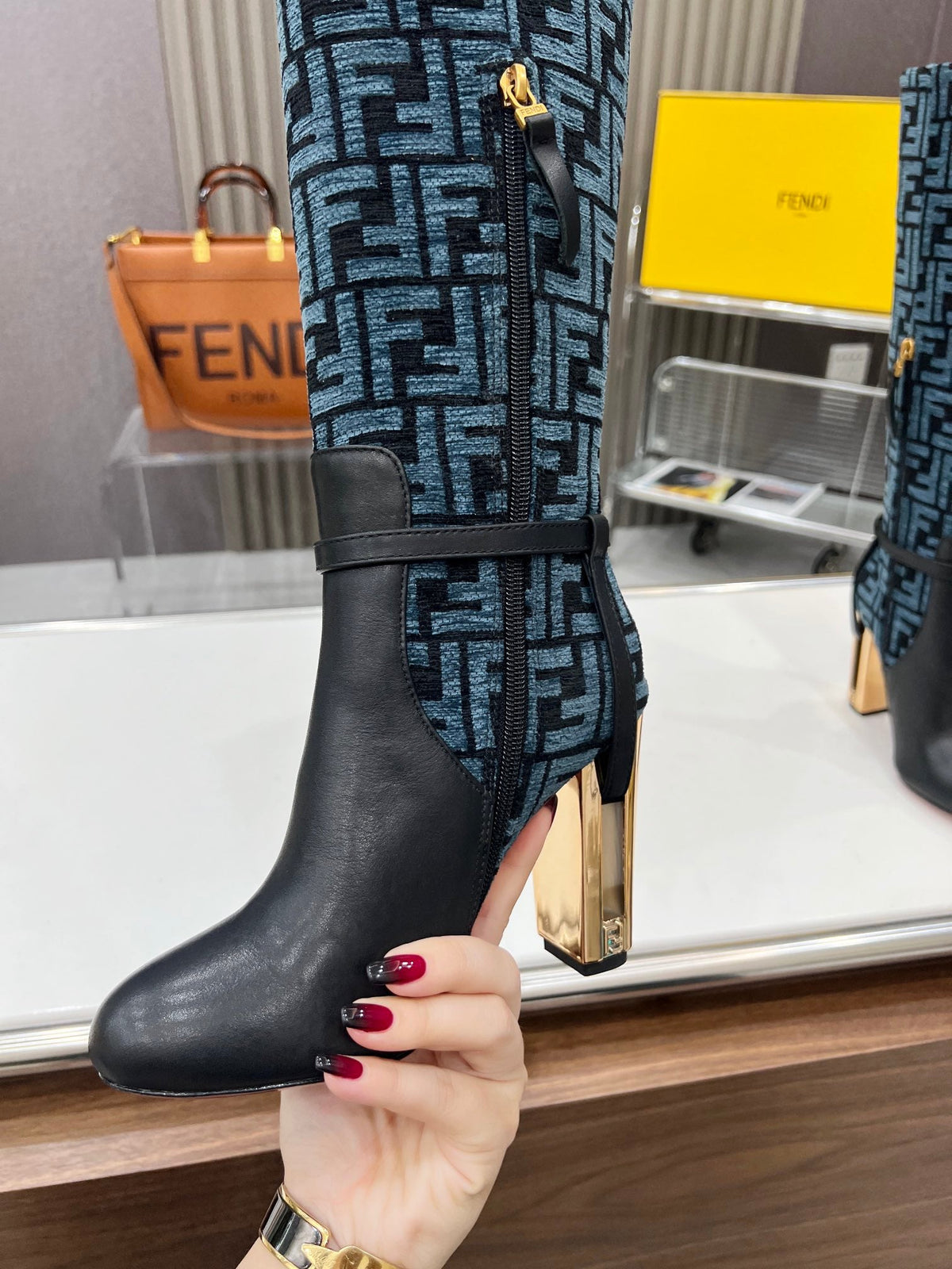 FENDI knee boots high heel monogram blue black cowhide 521217