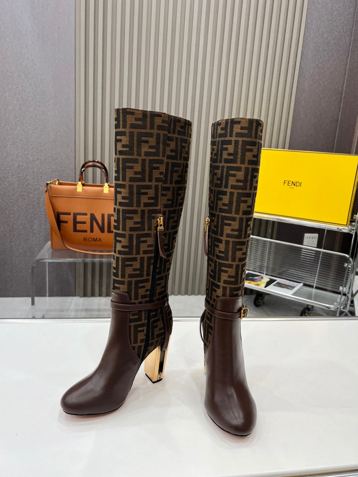 FENDI knee boots high heel monogram brown cowhide 521218