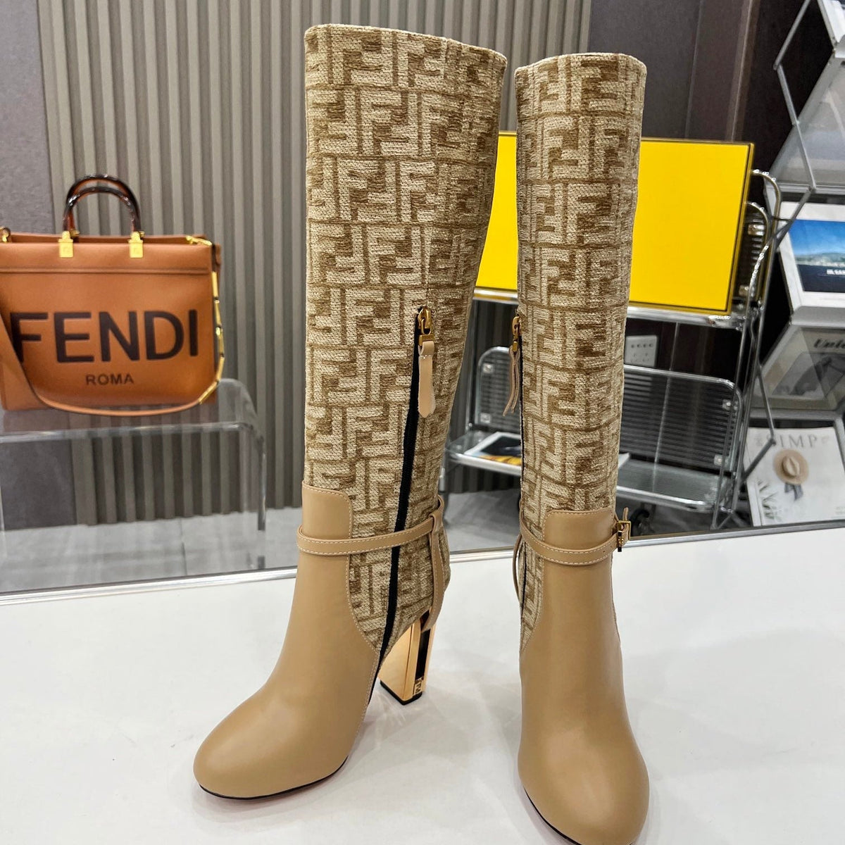 FENDI knee boots high heel monogram beige cowhide 521220