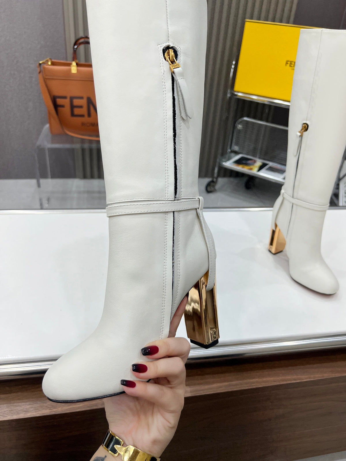 FENDI knee boots high heel white cowhide 521210