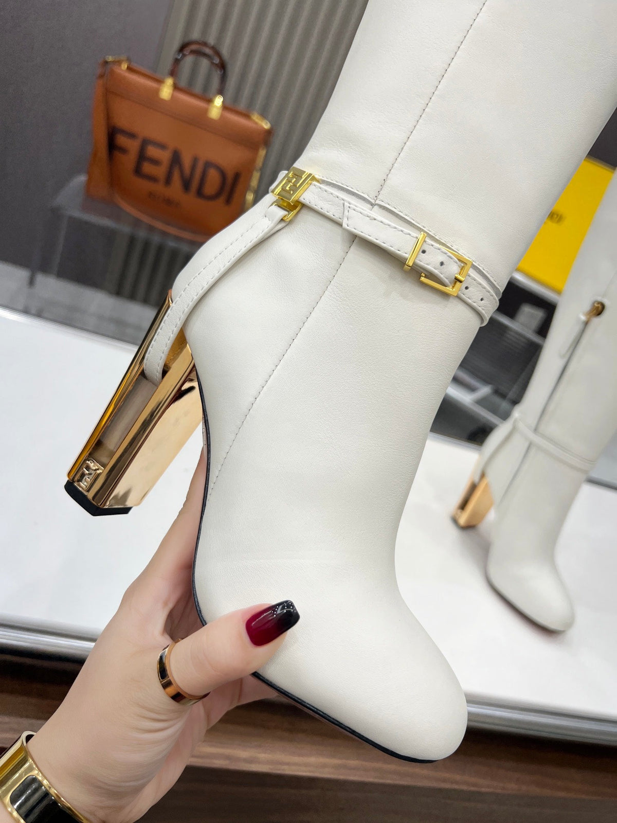 FENDI knee boots high heel white cowhide 521210