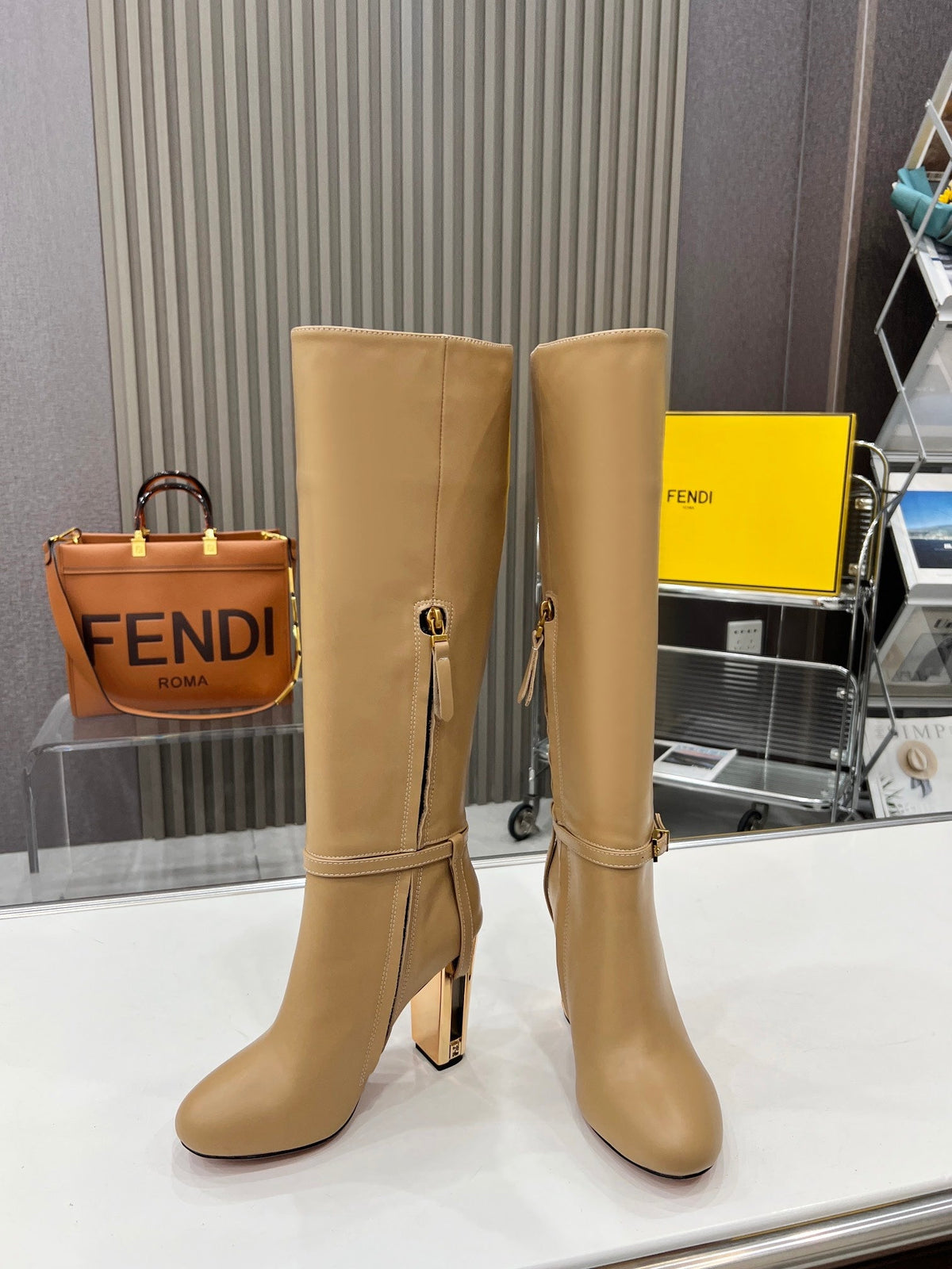FENDI knee boots high heel beige cowhide 521211