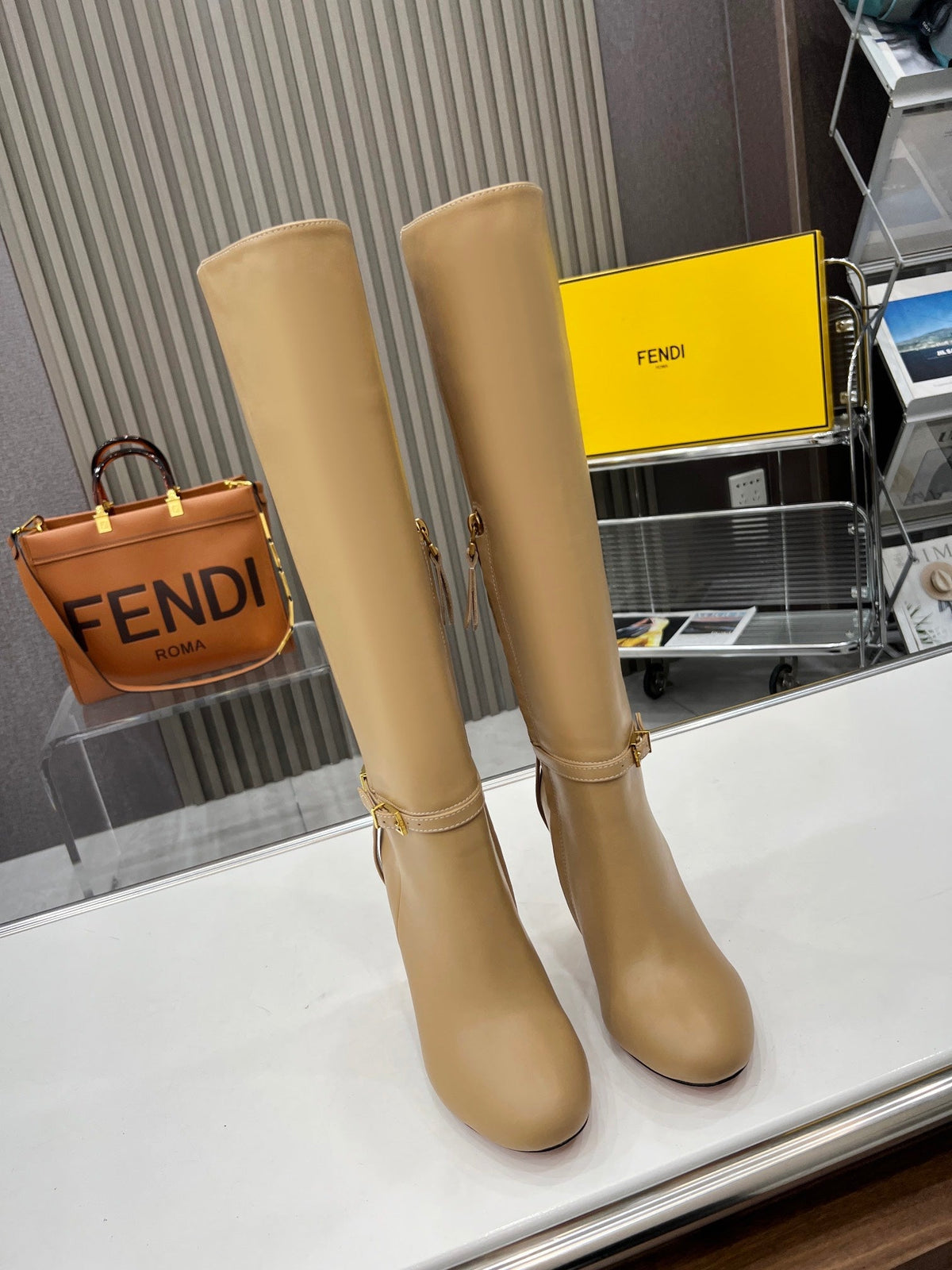 FENDI knee boots high heel beige cowhide 521211