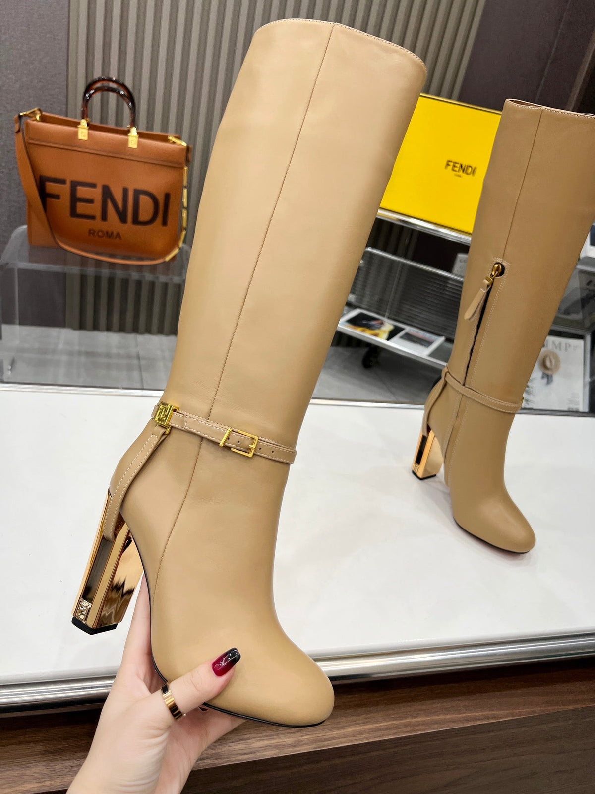 FENDI knee boots high heel beige cowhide 521211