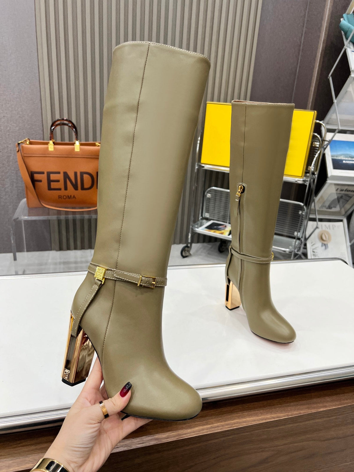 FENDI knee boots high heel olive green cowhide 521209