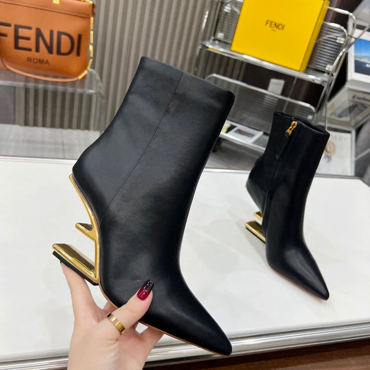 FENDI First Wedge Boots Black Sheepskin 521226