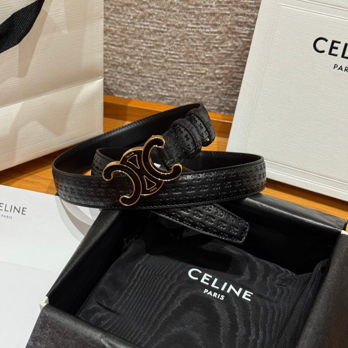CL Black Gold 25mm Triomphe Enamel Monogram Black Calfskin 597408