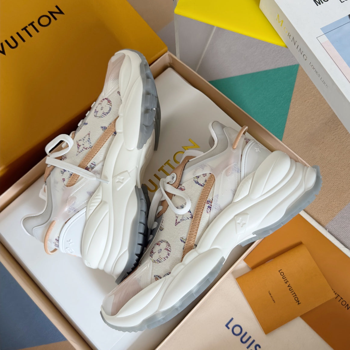 LV Run 55 Sneaker 55mm White Mix Brown Beige Monogram Jacquard Fabric