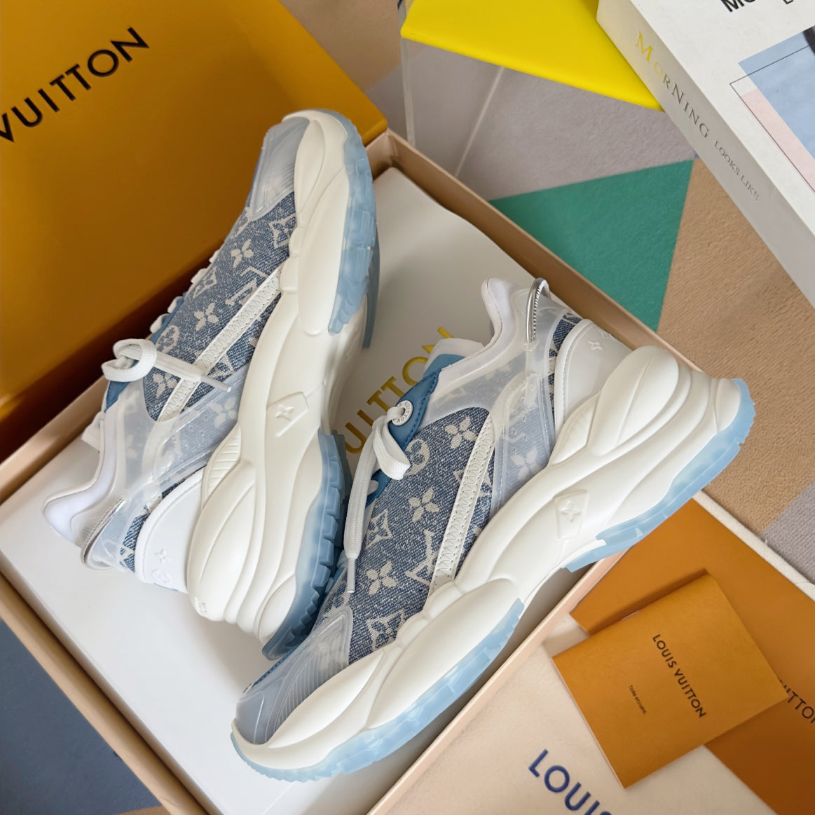 LV Run 55 Sneaker 55mm Light Blue Mix White Monogram Jacquard Fabric