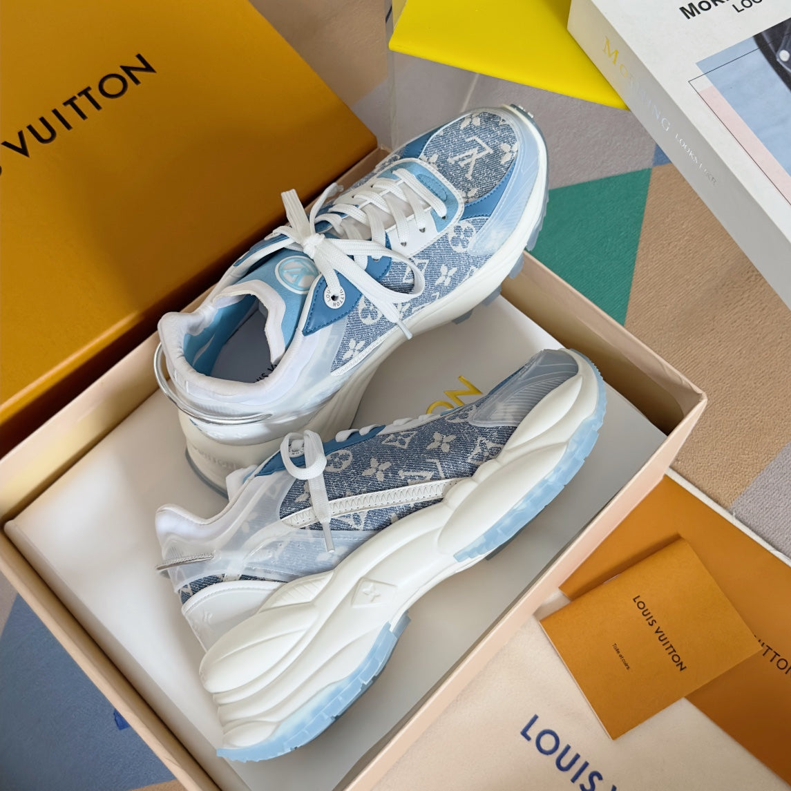 LV Run 55 Sneaker 55mm Light Blue Mix White Monogram Jacquard Fabric