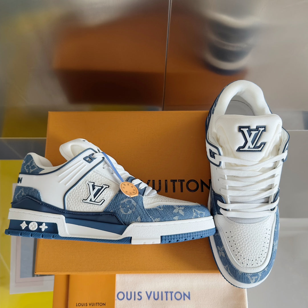 LV Trainer Sneaker 30mm White Mix Light Blue Cowhide