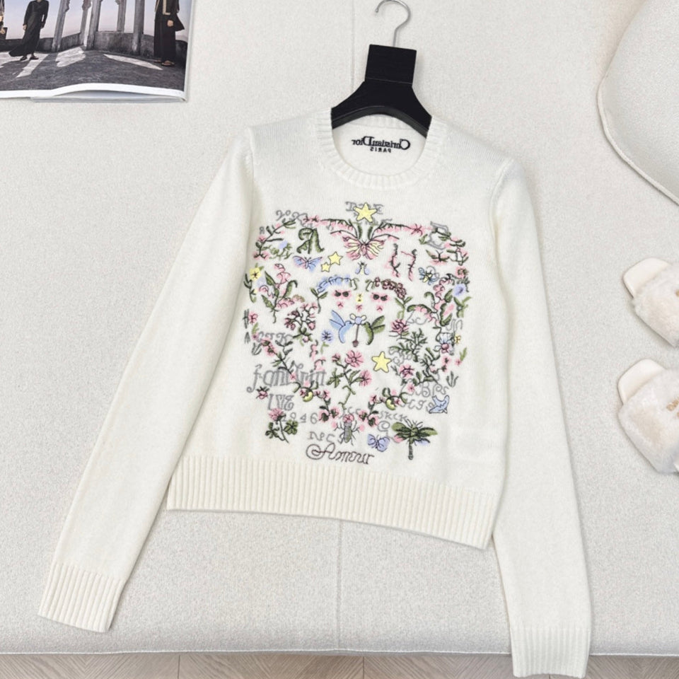 CD 25 Floral Pattern Embroidered Sweater White Cashmere 584740