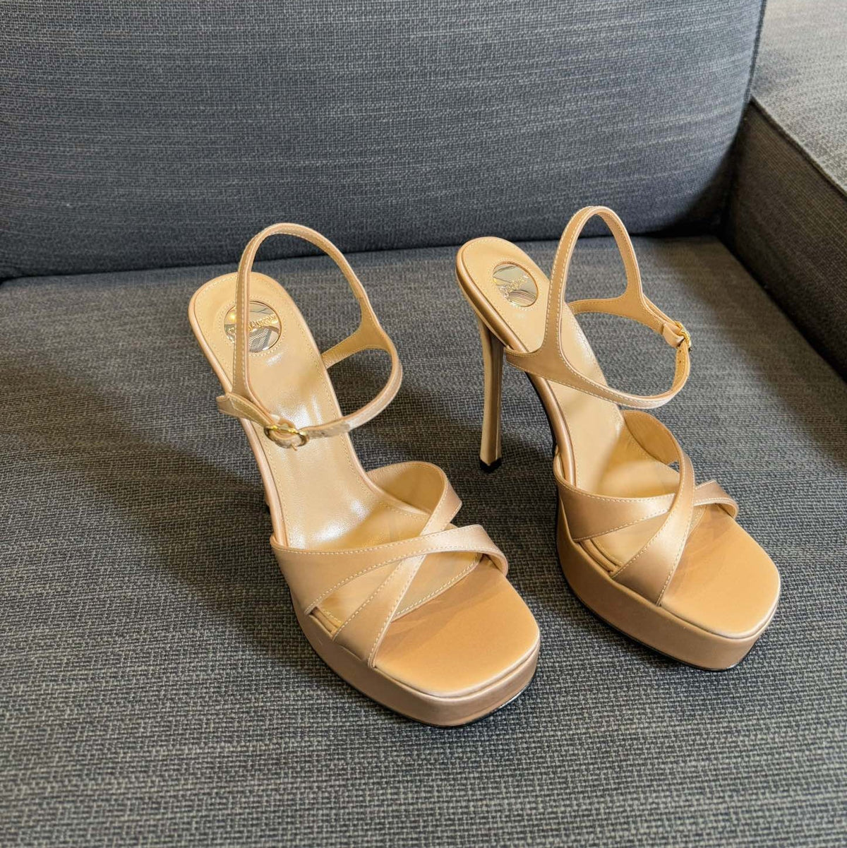 DEBBIE PLATFORM SANDALS IN BEIGE SATIN