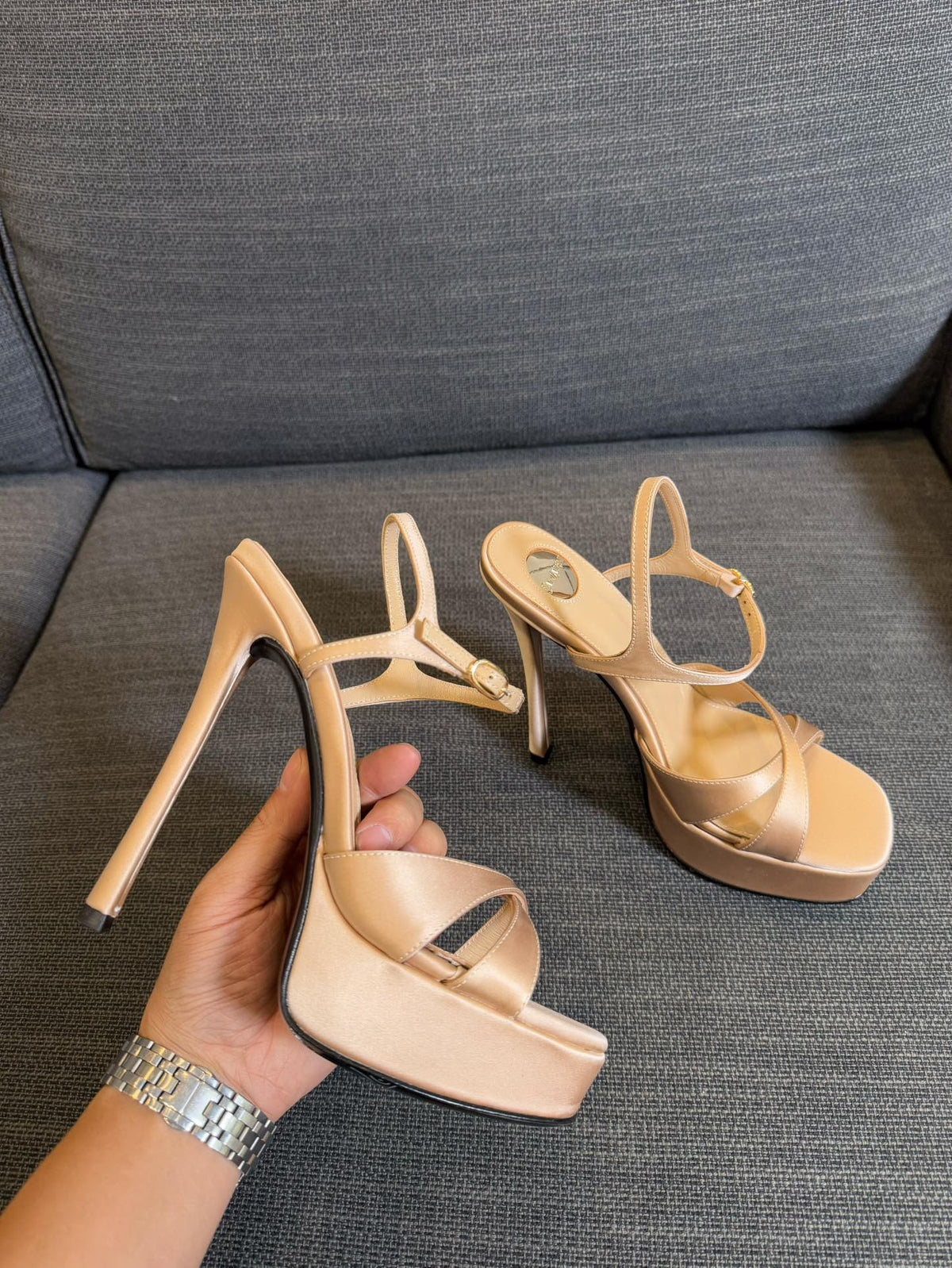 DEBBIE PLATFORM SANDALS IN BEIGE SATIN