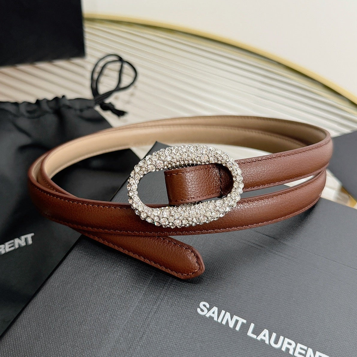 Saint Laurent 2026 Oval Belt 15mm Brown Leather 219066