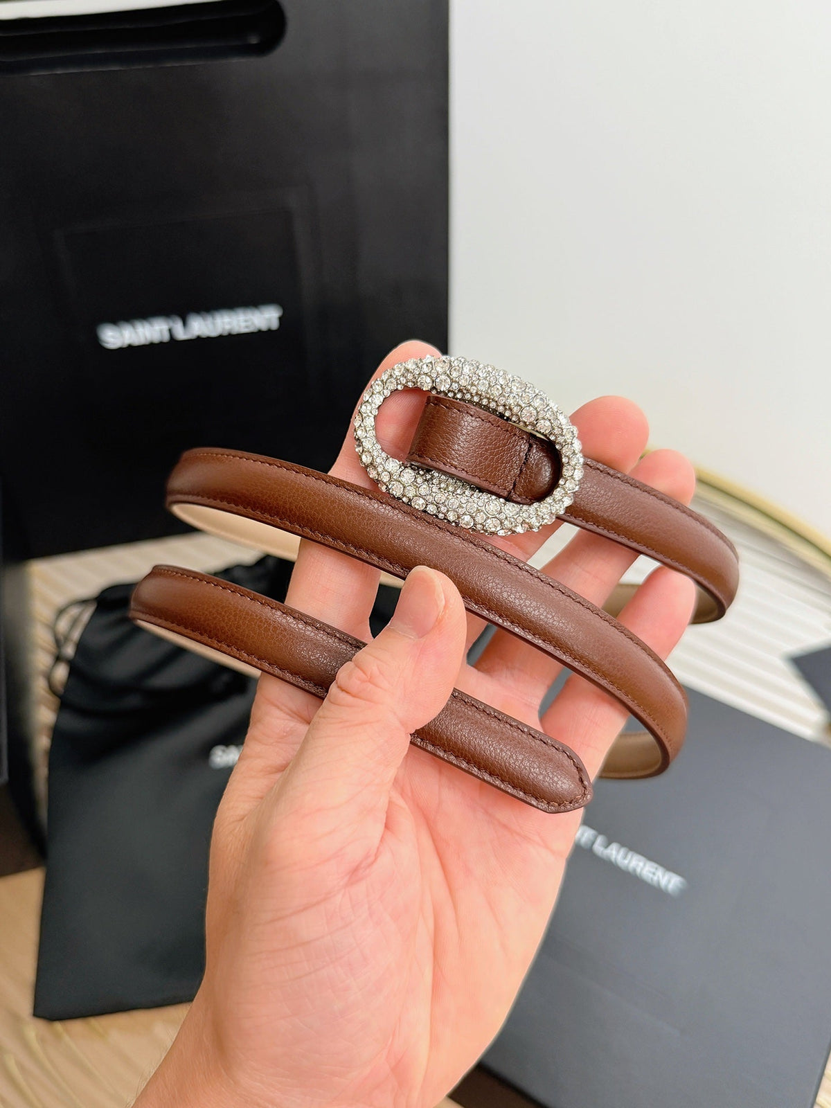 Saint Laurent 2026 Oval Belt 15mm Brown Leather 219066