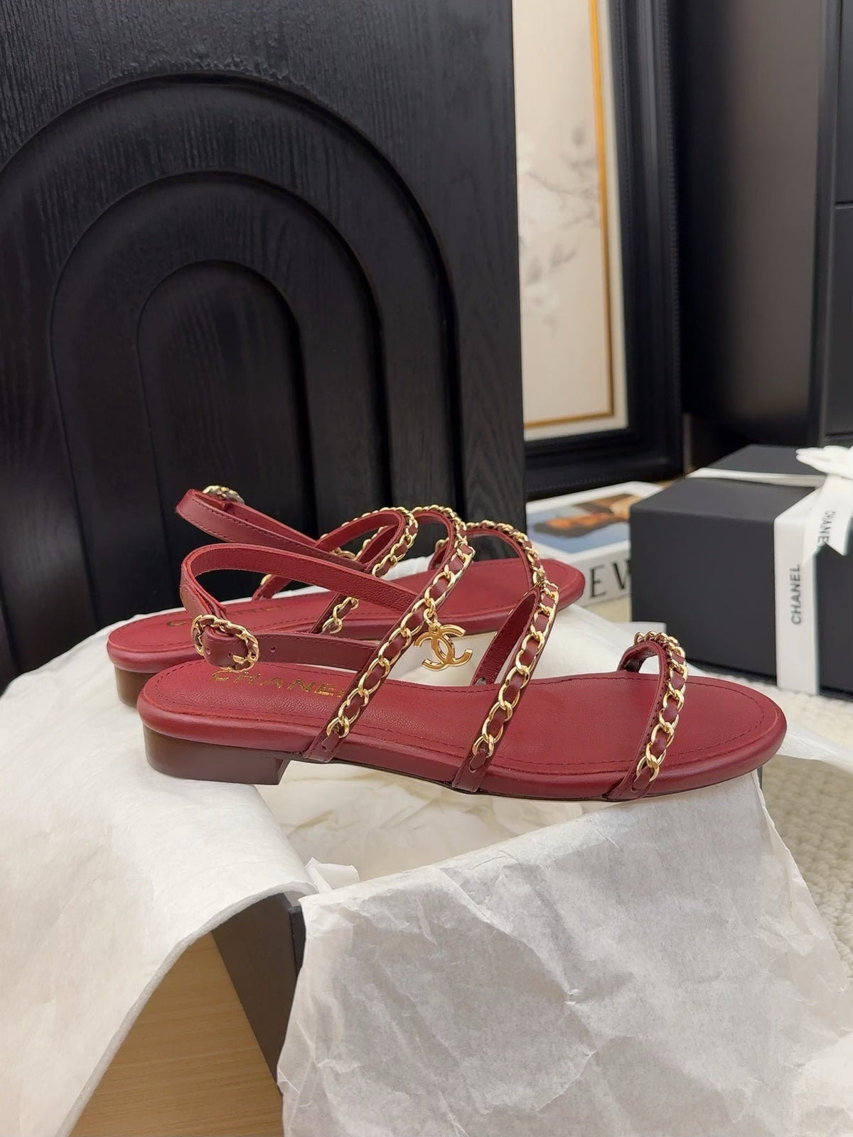 CC 25S Sandal Three Leather Strap Red Calfskin