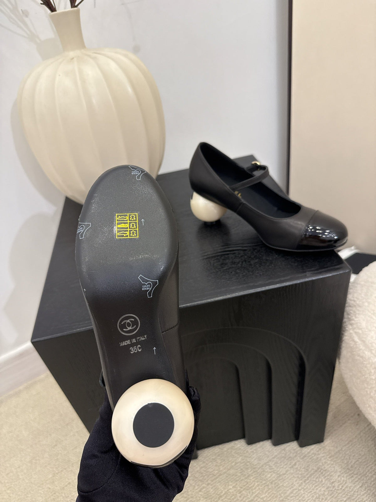 Chanel Mary Jane Pumps with Pearl Heels Black White Leather