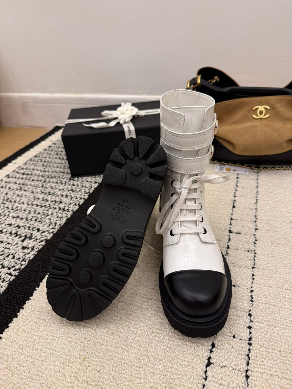 CC 2025 Lace-up Combat Boot White Leather 548114