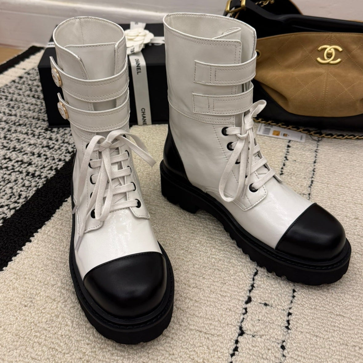 CC 2025 Lace-up Combat Boot White Leather 548114
