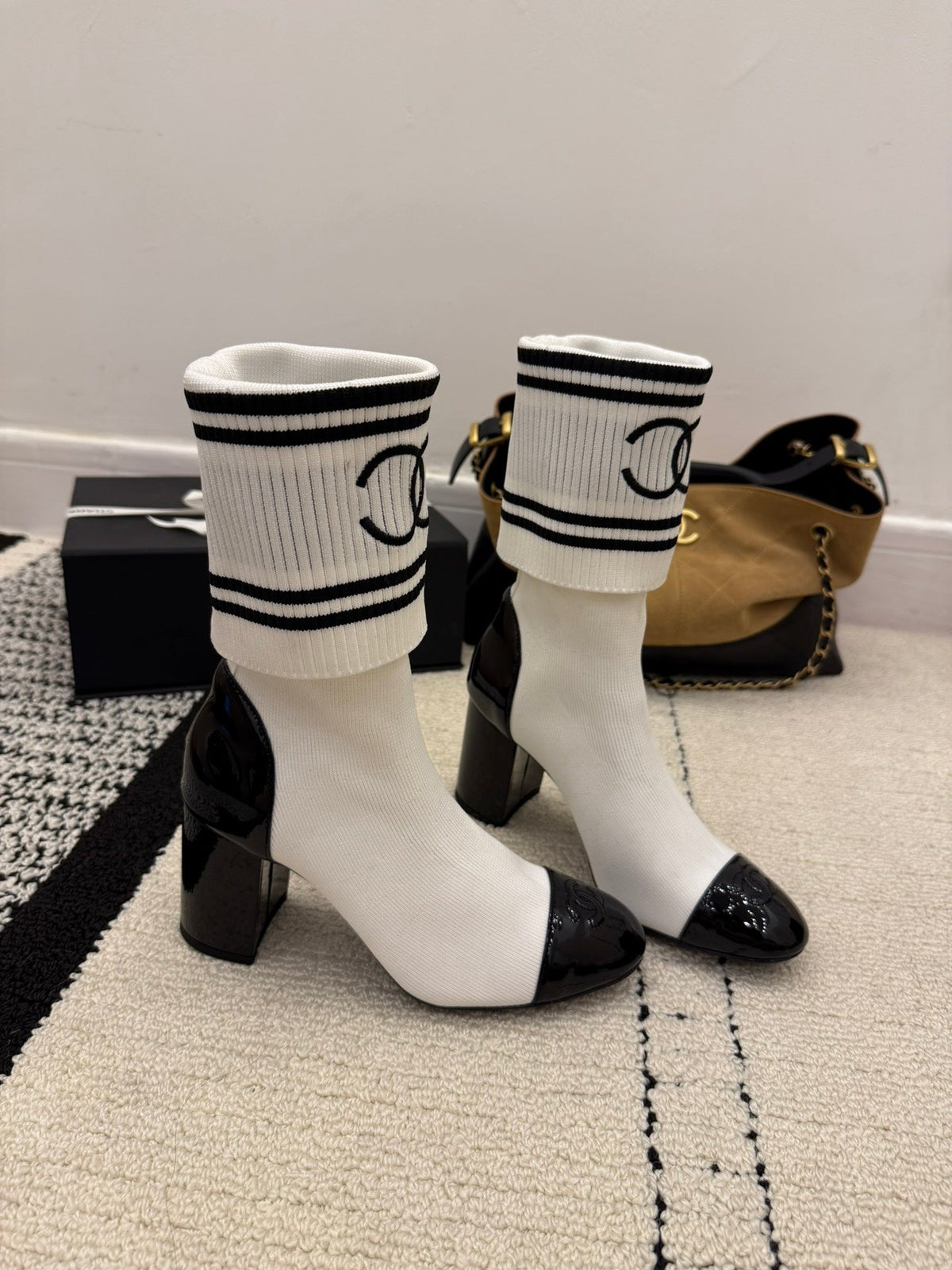 CC 2025 Chunky Heel Sock Boot White Leather Knit 548118