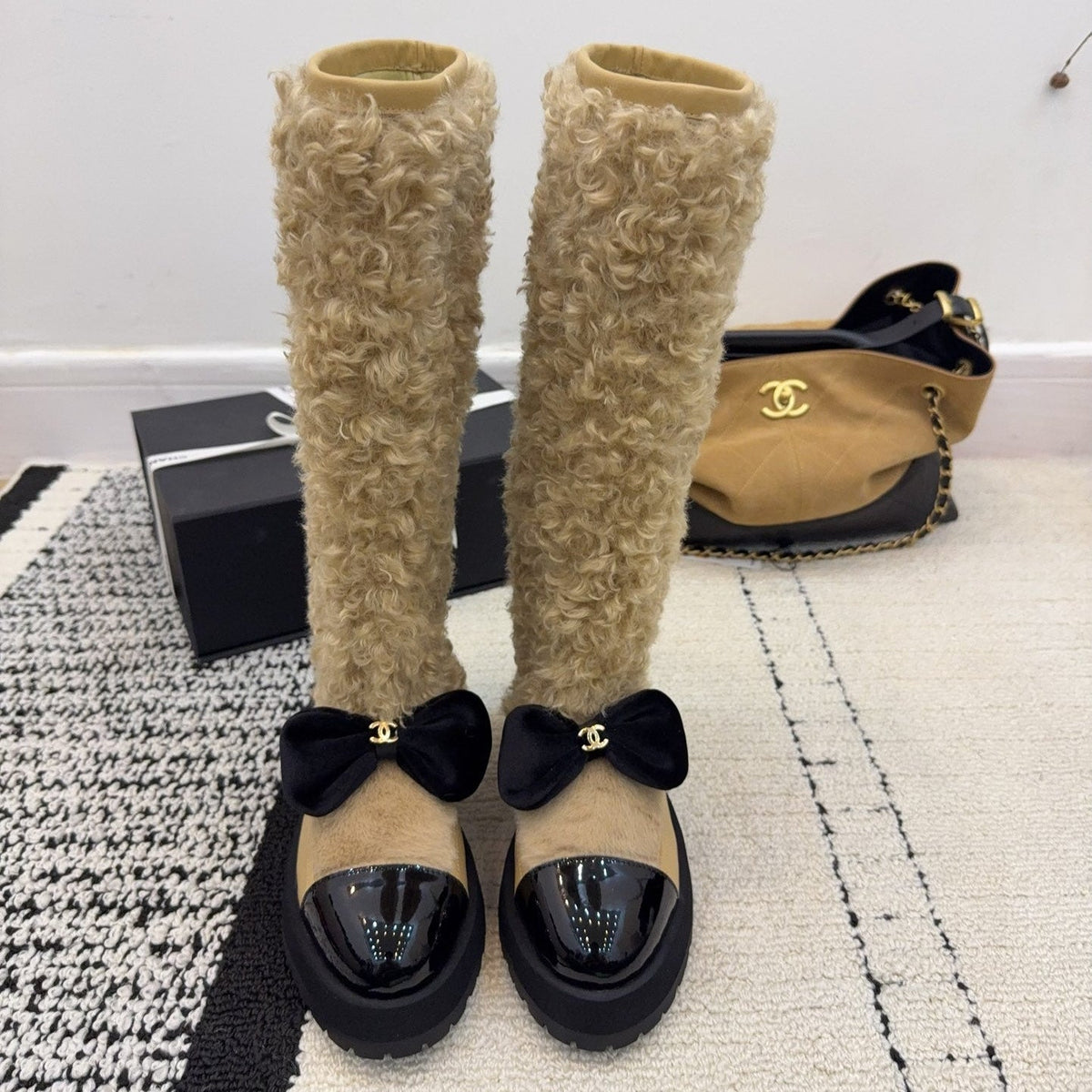 Chanel 25 Shearling Boot Beige Black Wool Leather 537104