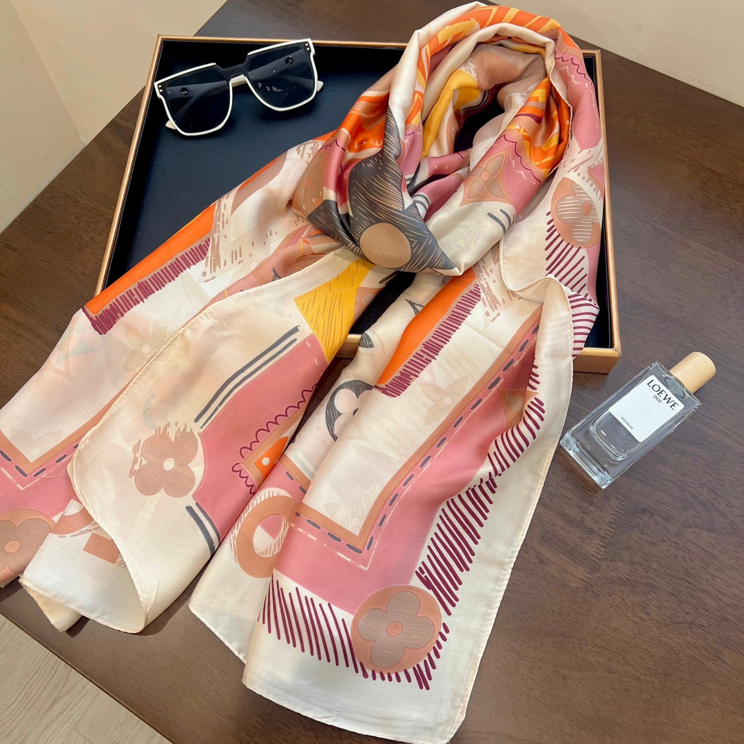 LV Long Scarf 180 Pink Orange Colorful Mulberry Silk 172988