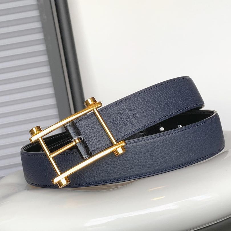 HM REVERSIBLE NAVY BLUE LEATHER STRAP 32 MM GOLD HARDWARE
