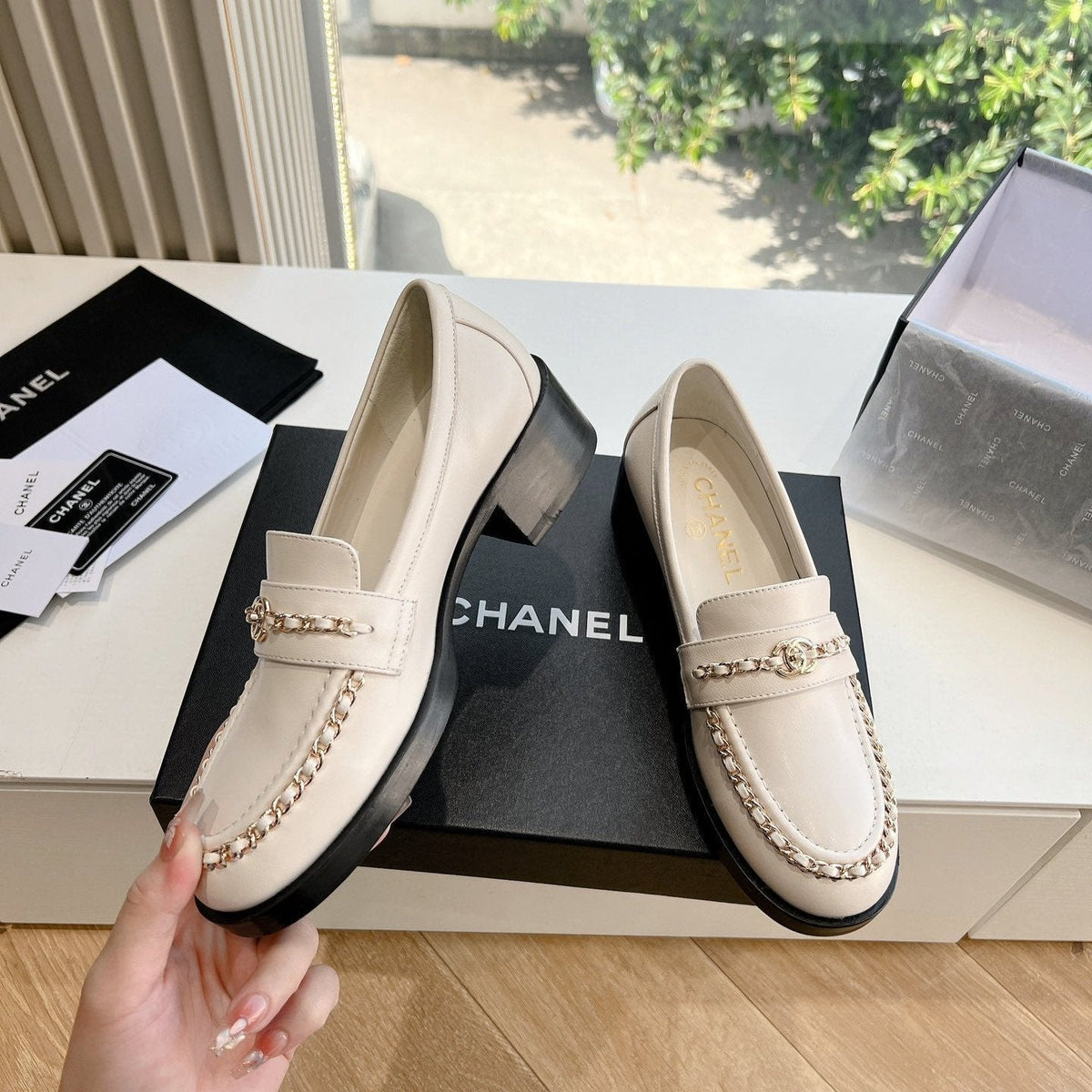 CC Moccasins White Chain Lambskin