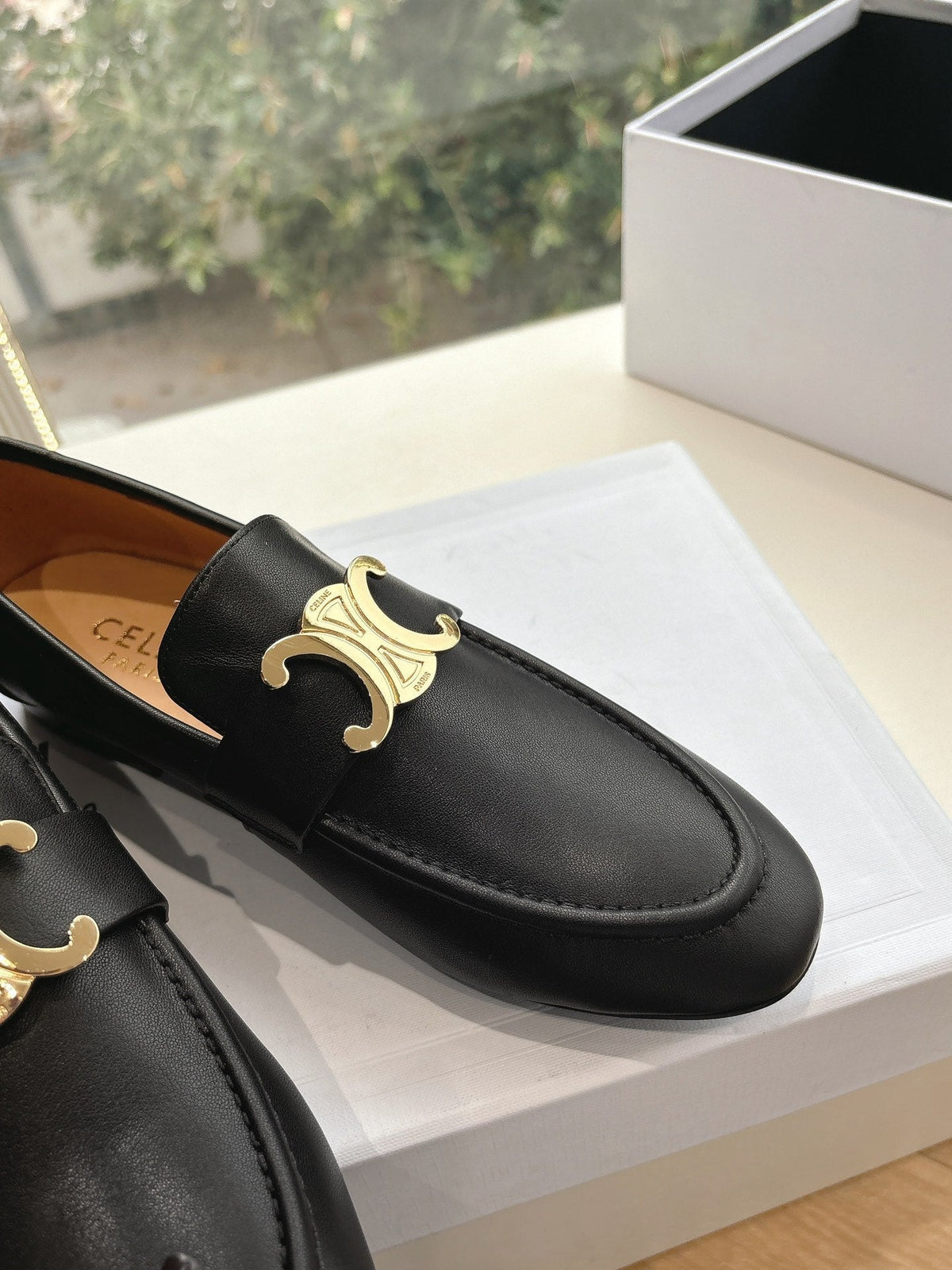 CELINE Buckle Triomphe Loafers Black Leather