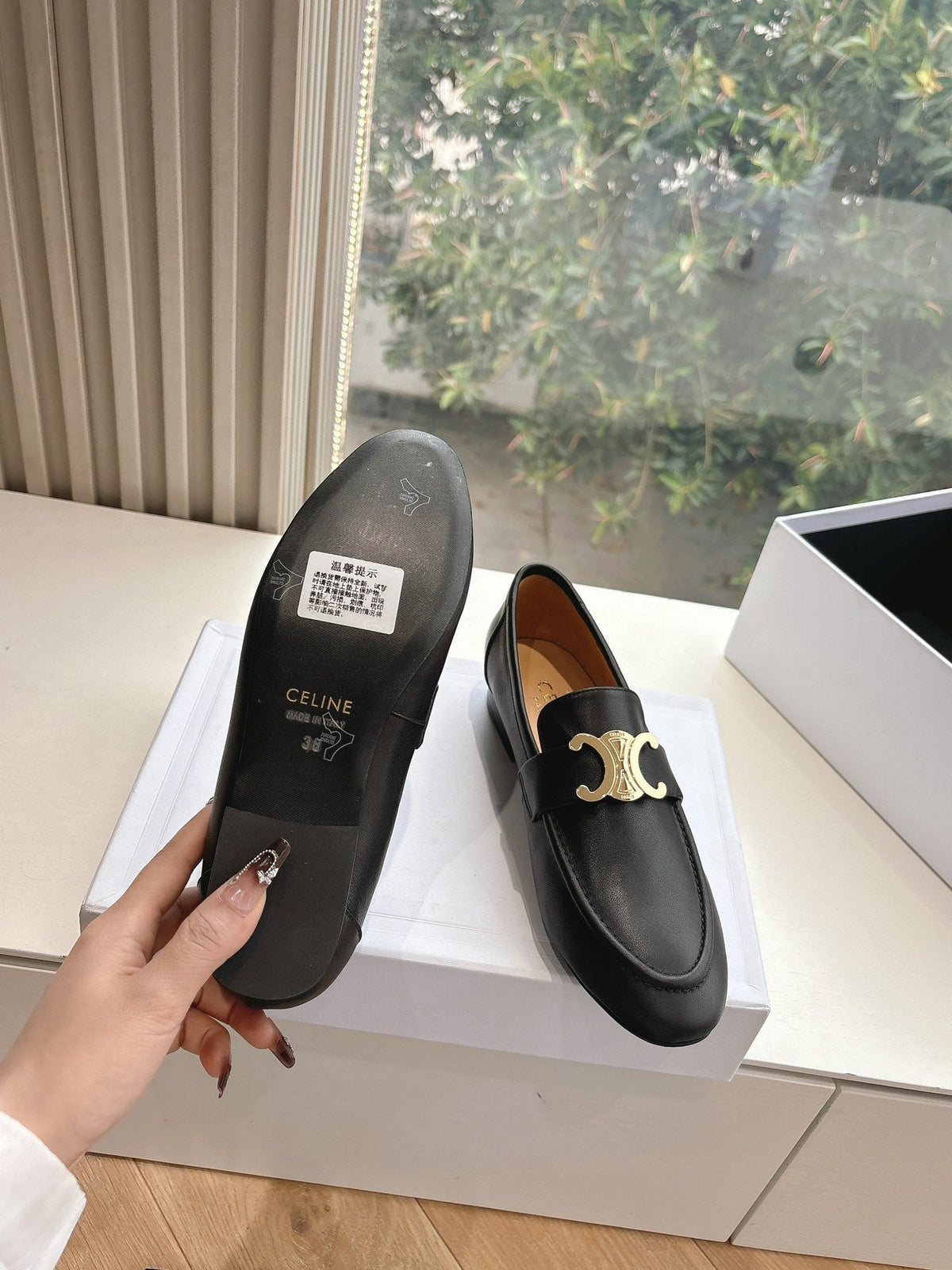 CELINE Buckle Triomphe Loafers Black Leather 285958