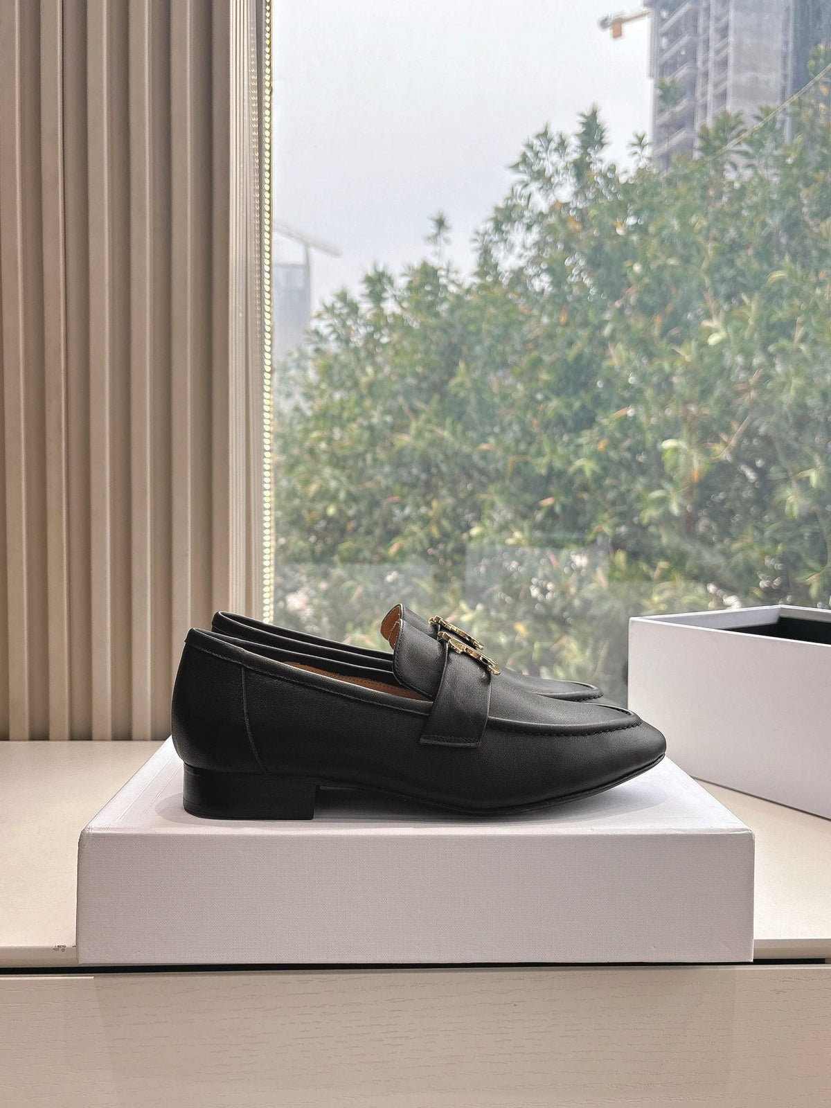 CELINE Buckle Triomphe Loafers Black Leather 285958