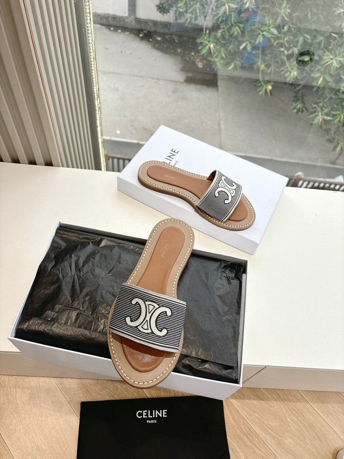 CELINE Slippers Striped Black Cloth 285988