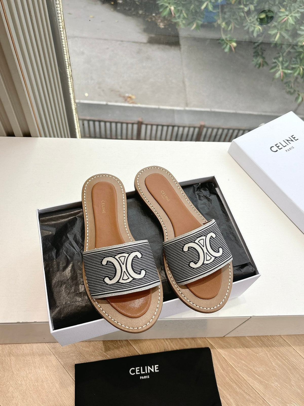 CELINE Slippers Striped Black Cloth 285988