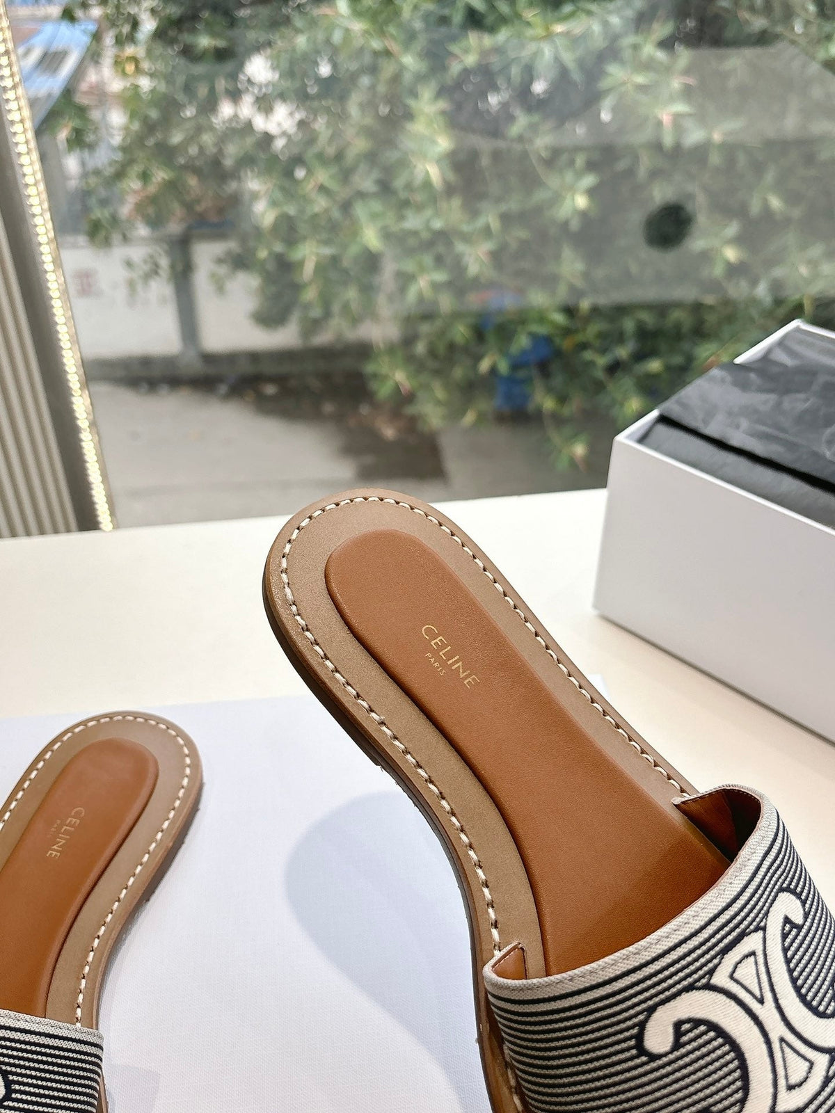 CELINE Slippers Striped Black Cloth 285988