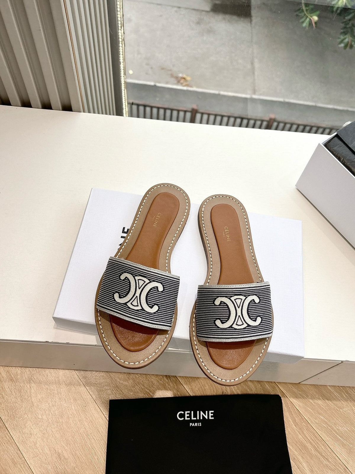 CELINE Slippers Striped Black Cloth 285988