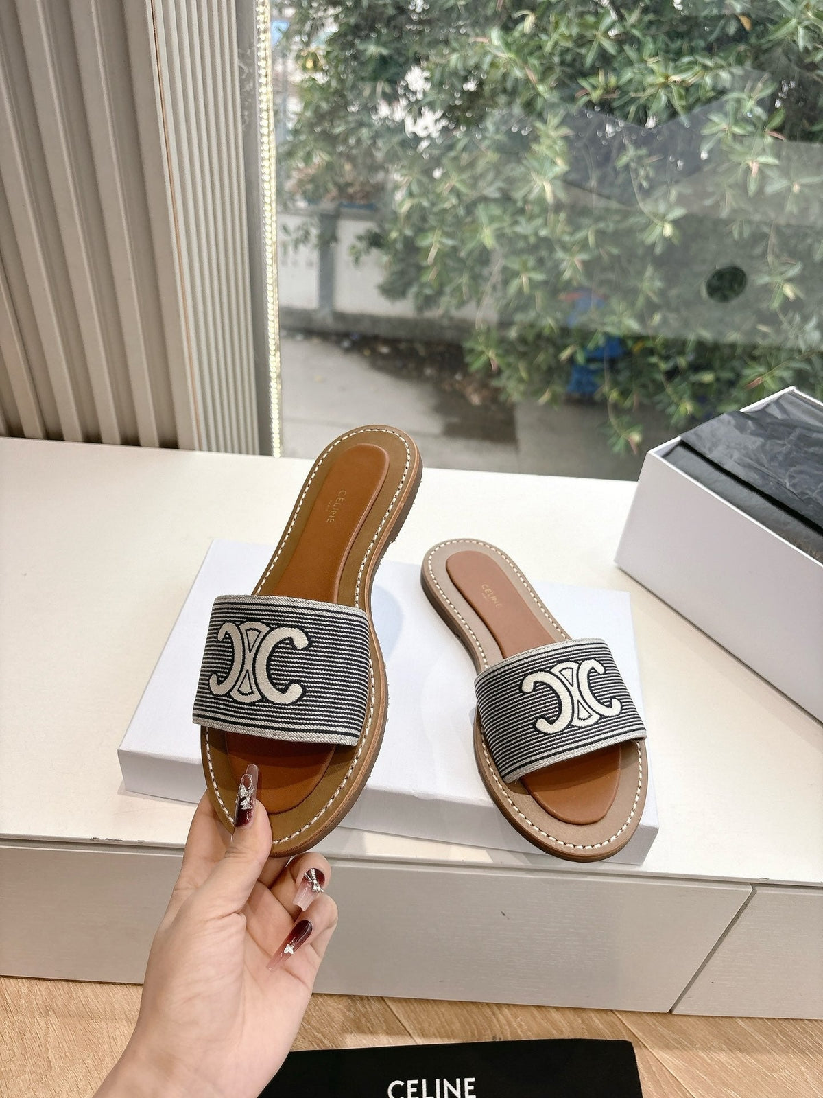 CELINE Slippers Striped Black Cloth 285988