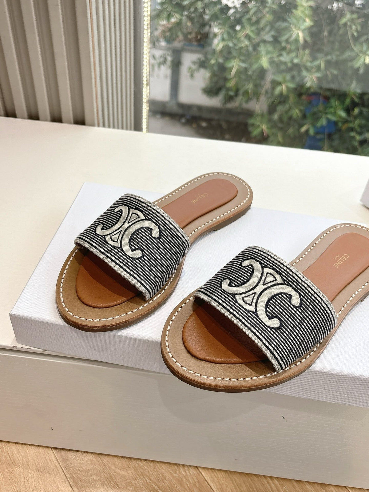 CELINE Slippers Striped Black Cloth 285988