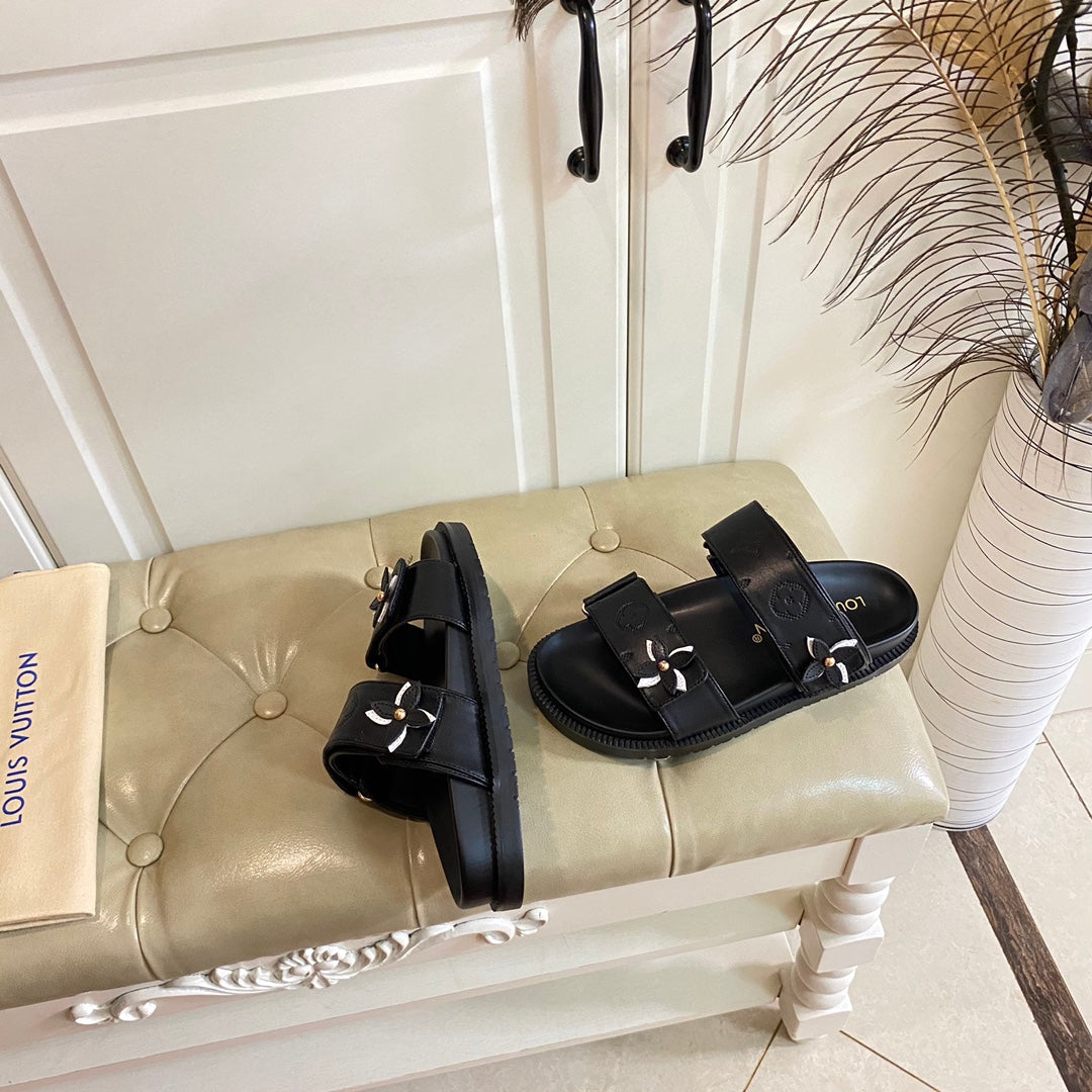 LV Sunset Flat Comfort Mule Black Lambskin