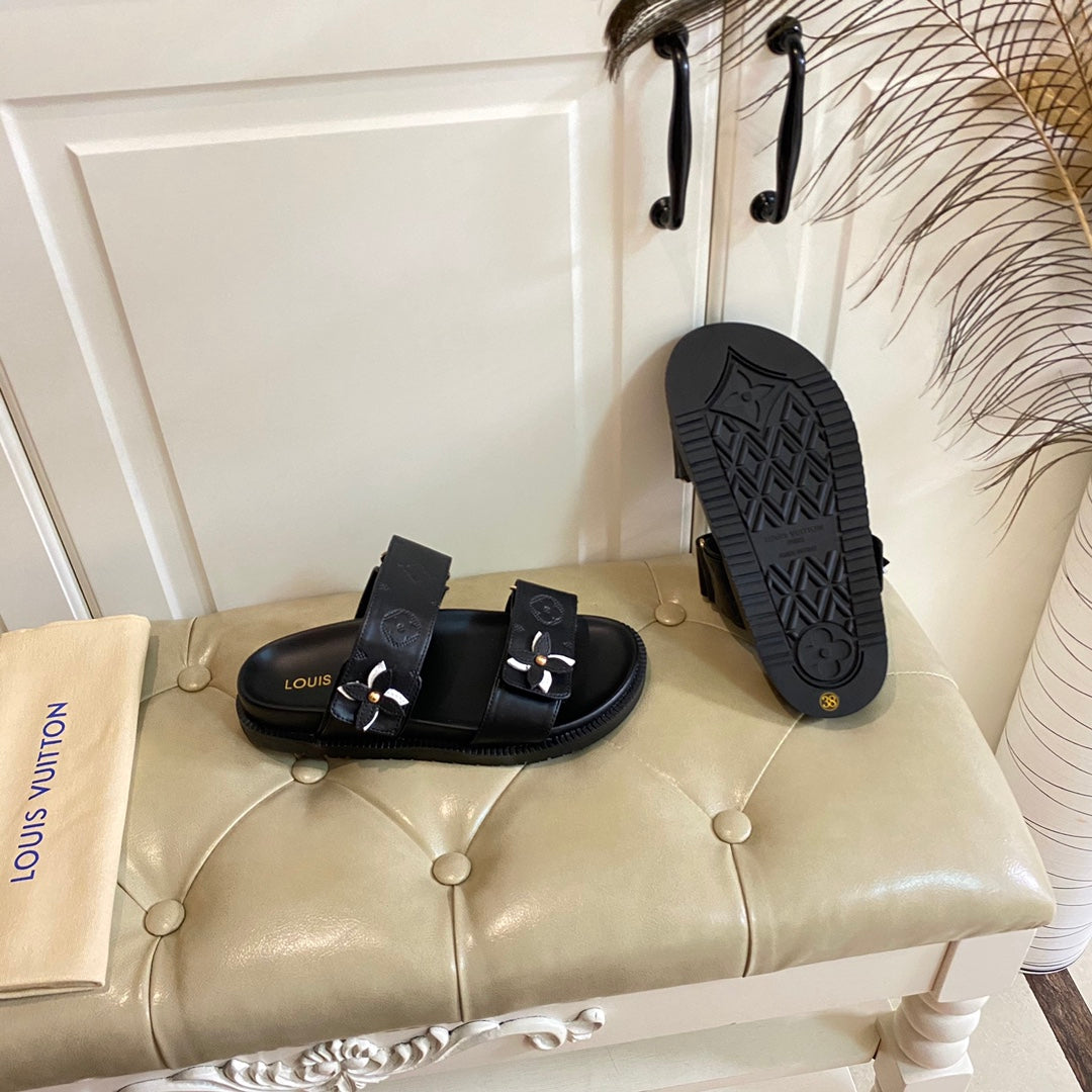 LV Sunset Flat Comfort Mule Black Lambskin